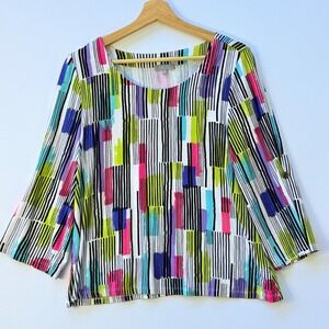 Habitat Womens Small Lagenlook Abstract‎ Rainbow Stripe 3/4 Sleeve Shirt Top